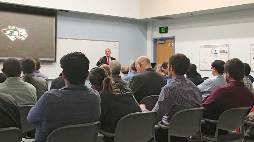 Dr. Christos Christodoulou, incoming dean of the School of Engineering, provides opening remarks