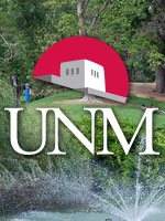 UNM logo with duck pond as background
